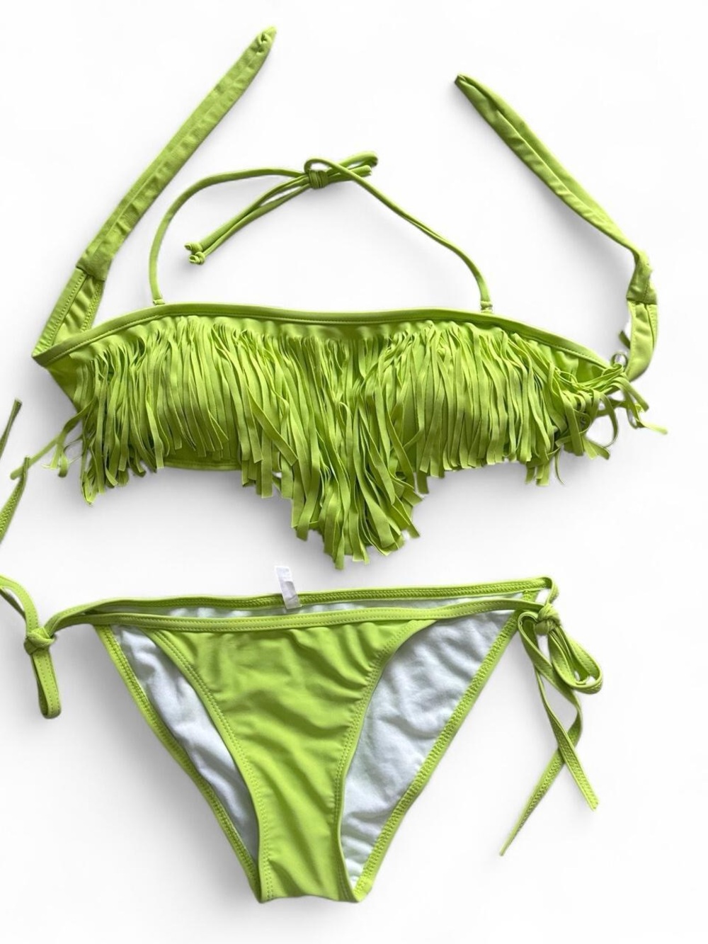 Fringe Bandeau Bikini Set in Lime Green - Women's Tie-Side Two-Piece